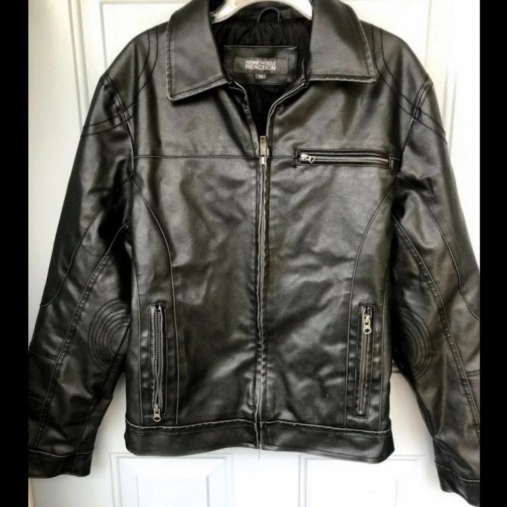 Kenneth Cole Reaction Black Faux Leather Collar Lined Full Zip Jacket Mens Sz M